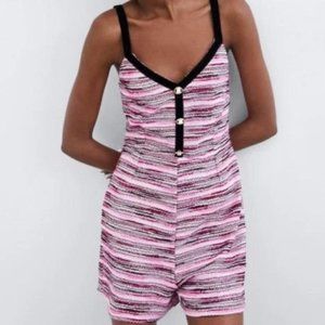 ZARA pink tweed stripe button down romper